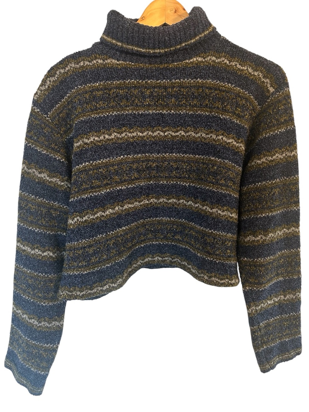 Vintage 90s Cropped Long Sleeve Turtleneck Sweater Navy and Olive Striped y2k